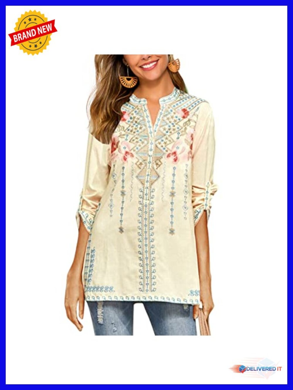 Women's Embroidered Peasant Tunic V-Neck Loose Boho Summer Blouse